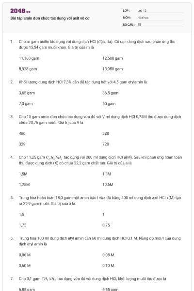 Bài tập amin đơn chức tác dụng với axit vô cơ