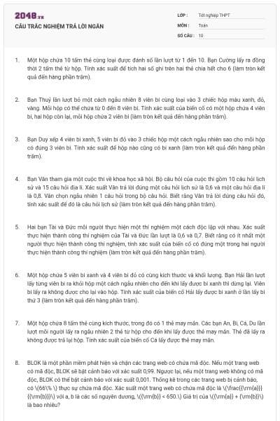 CÂU TRẮC NGHIỆM TRẢ LỜI NGẮN