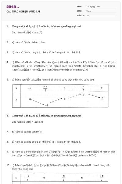 CÂU TRẮC NGHIỆM ĐÚNG SAI