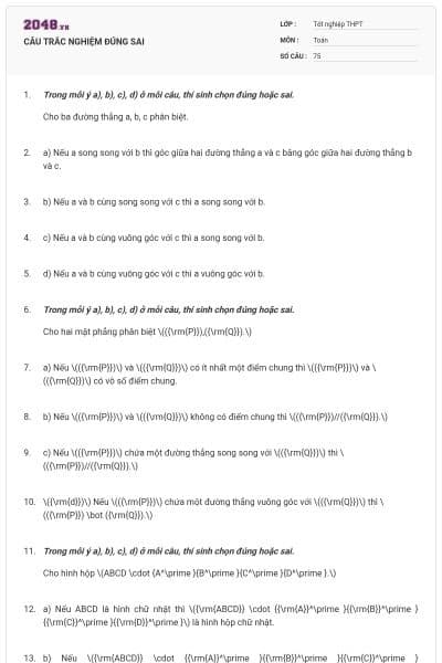 CÂU TRẮC NGHIỆM ĐÚNG SAI