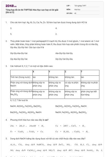 Tổng hợp đề ôn thi THPTQG Hóa Học cực hay có lời giải (Đề số 5)