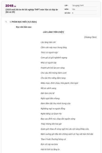 (2025 mới) Đề ôn thi tốt nghiệp THPT môn Văn có đáp án (Đề số 39)