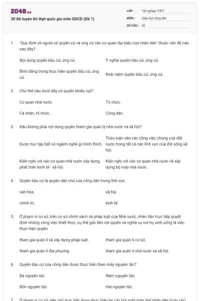 30 Đề luyện thi thpt quốc gia môn GDCD (Đề 1)