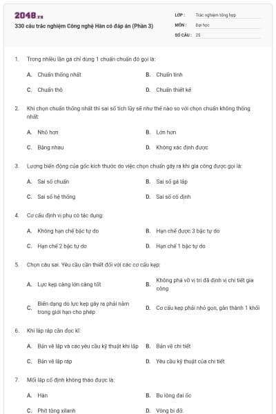 330 câu trắc nghiệm Công nghệ Hàn có đáp án (Phần 3)