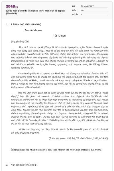 (2025 mới) Đề ôn thi tốt nghiệp THPT môn Văn có đáp án (Đề số 49)