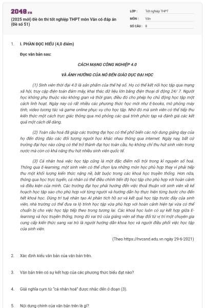 (2025 mới) Đề ôn thi tốt nghiệp THPT môn Văn có đáp án (Đề số 51)