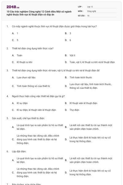 10 Câu trắc nghiệm Công nghệ 12 Cánh diều Một số ngành nghề thuộc lĩnh vực kĩ thuật điện có đáp án