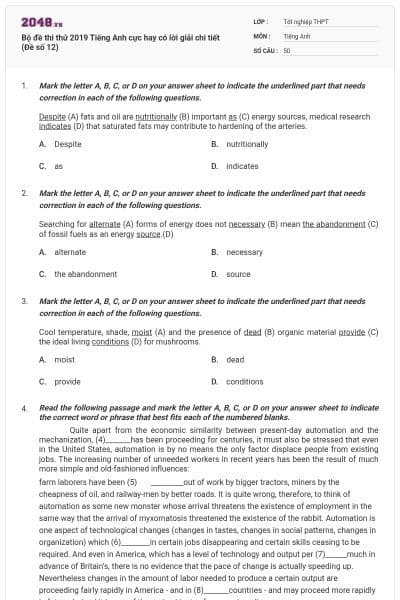 Bộ đề thi thử 2019 Tiếng Anh cực hay có lời giải chi tiết (Đề số 12)