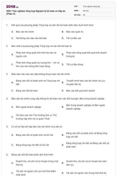 500+ Trắc nghiệm tổng hợp Nguyên lý kế toán có đáp án (Phần 4)
