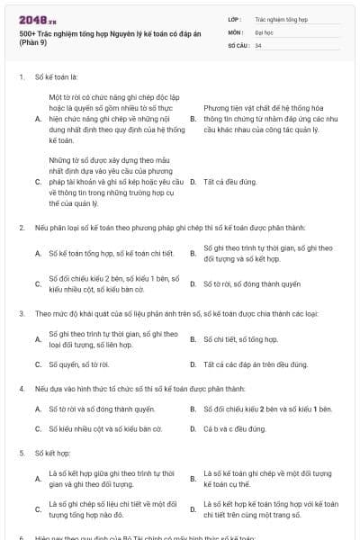 500+ Trắc nghiệm tổng hợp Nguyên lý kế toán có đáp án (Phần 9)