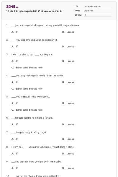 15 câu trắc nghiệm phân biệt 'if' và 'unless' có đáp án