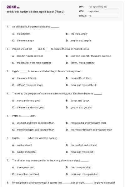 30 câu trắc nghiệm So sánh kép có đáp án (Phần 2)