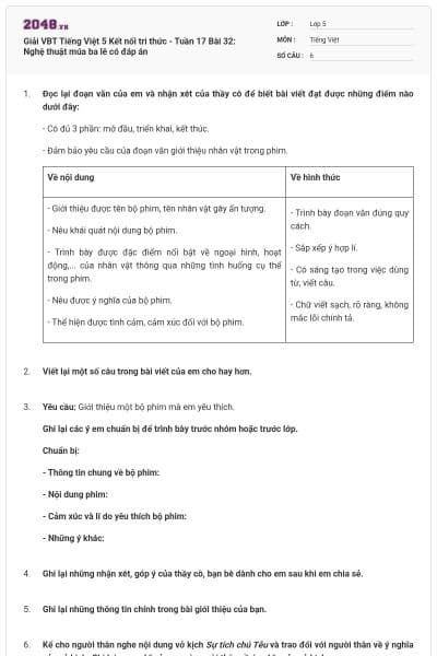 Giải VBT Tiếng Việt 5 Kết nối tri thức - Tuần 17 Bài 32: Nghệ thuật múa ba lê có đáp án