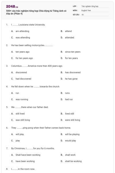 500+ câu trắc nghiệm tổng hợp Chia động từ Tiếng Anh có đáp án (Phần 4)