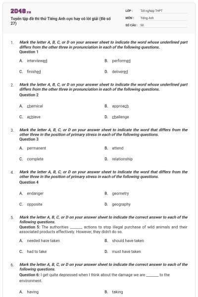 Tuyển tập đề thi thử Tiếng Anh cực hay có lời giải (Đề số 27)