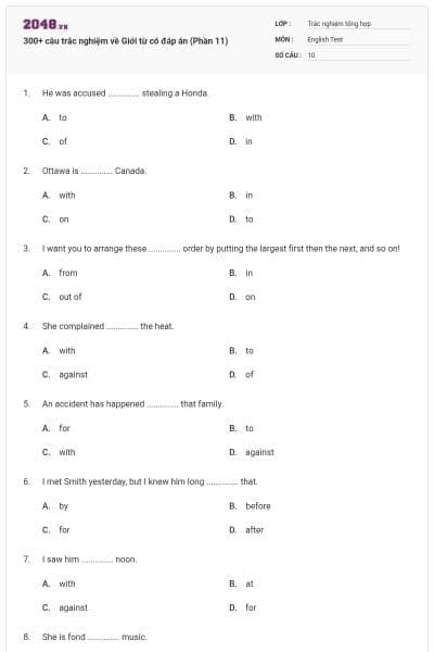 300+ câu trắc nghiệm về Giới từ có đáp án (Phần 11)