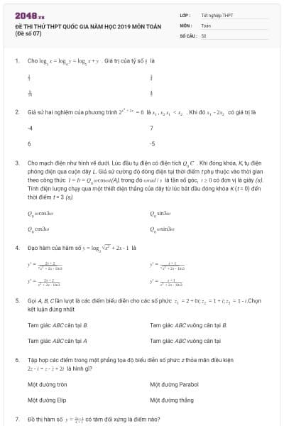 ĐỀ THI THỬ THPT QUỐC GIA NĂM HỌC 2019 MÔN TOÁN (Đề số 07)
