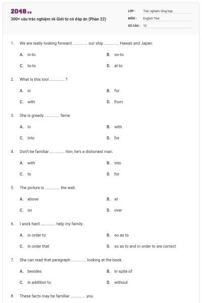 300+ câu trắc nghiệm về Giới từ có đáp án (Phần 22)