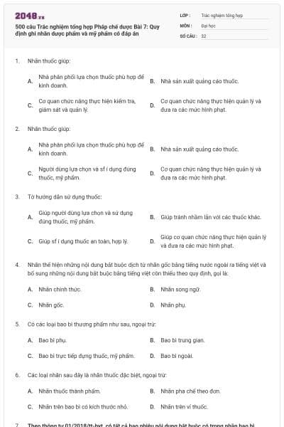 500 câu Trắc nghiệm tổng hợp Pháp chế dược Bài 7: Quy định ghi nhãn dược phẩm và mỹ phẩm có đáp án
