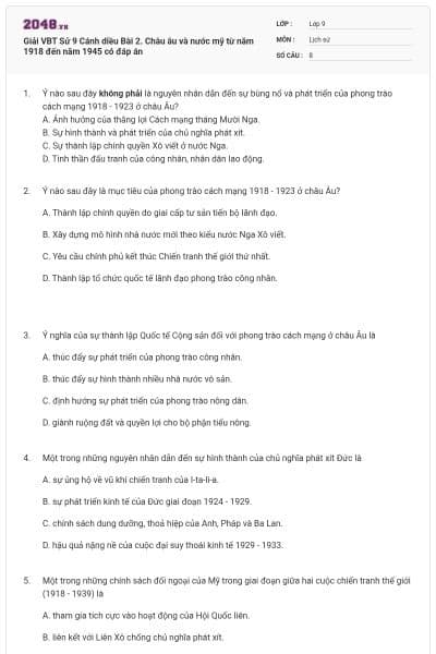 Giải VBT Sử 9 Cánh diều Bài 2. Châu âu và nước mỹ từ năm 1918 đến năm 1945 có đáp án