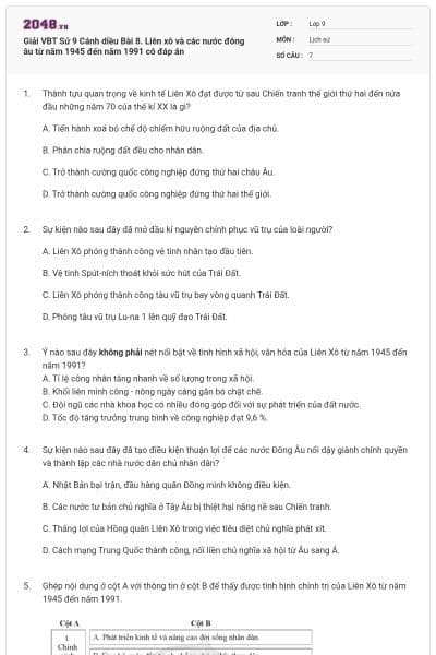Giải VBT Sử 9 Cánh diều Bài 8. Liên xô và các nước đông âu từ năm 1945 đến năm 1991 có đáp án