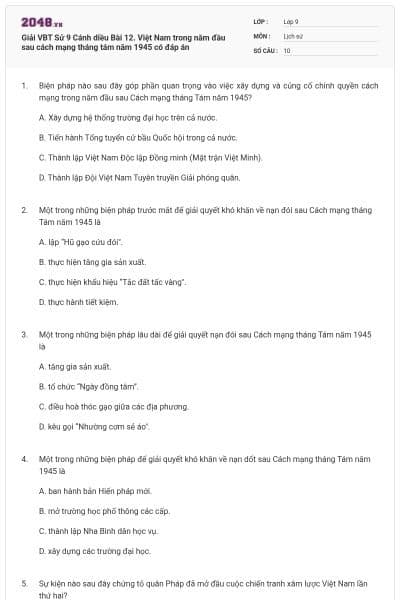 Giải VBT Sử 9 Cánh diều Bài 12. Việt Nam trong năm đầu sau cách mạng tháng tám năm 1945 có đáp án