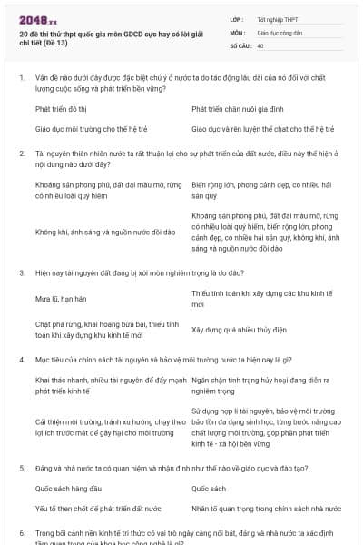 20 đề thi thử thpt quốc gia môn GDCD cực hay có lời giải chi tiết (Đề 13)