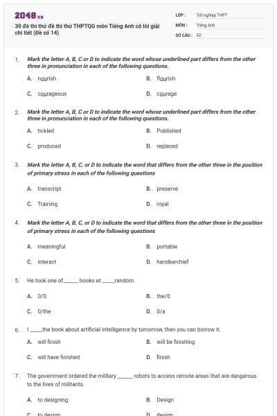30 đề thi thử đề thi thử THPTQG môn Tiếng Anh có lời giải chi tiết (Đề số 14)