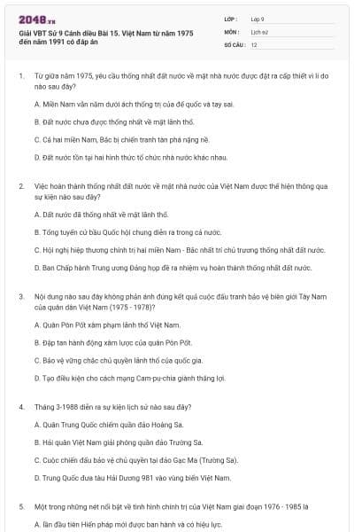 Giải VBT Sử 9 Cánh diều Bài 15. Việt Nam từ năm 1975 đến năm 1991 có đáp án