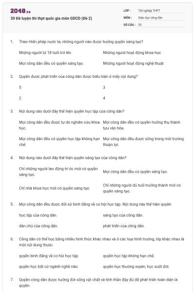 30 Đề luyện thi thpt quốc gia môn GDCD (Đề 2)