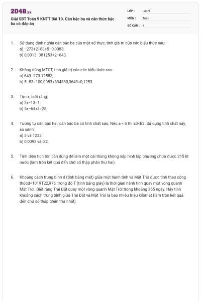 Giải SBT Toán 9 KNTT Bài 10. Căn bậc ba và căn thức bậc ba có đáp án