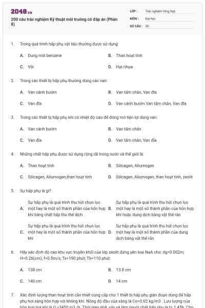 200 câu trắc nghiệm Kỹ thuật môi trường có đáp án (Phần 8)