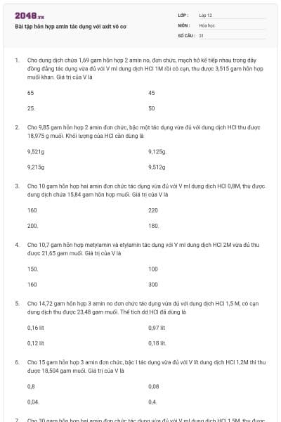 Bài tập hỗn hợp amin tác dụng với axit vô cơ