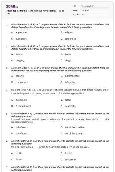 Tuyển tập đề thi thử Tiếng Anh cực hay có lời giải (Đề số 28)