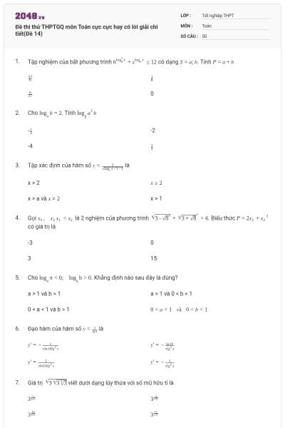 Đề thi thử THPTGQ môn Toán cực cực hay có lời giải chi tiết(Đề 14)