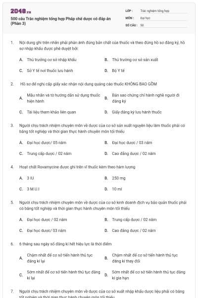 500 câu Trắc nghiệm tổng hợp Pháp chế dược có đáp án (Phần 3)