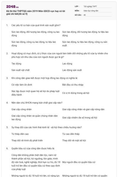 Đề thi thử THPTQG năm 2019 Môn GDCD cực hay có lời giải chi tiết(đề số 9)
