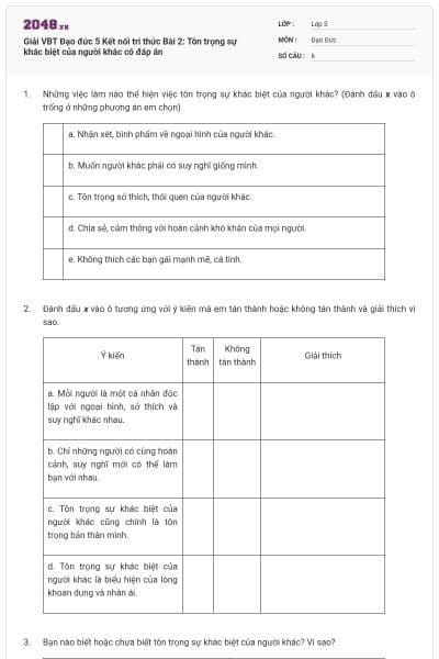 Giải VBT Đạo đức 5 Kết nối tri thức Bài 2: Tôn trọng sự khác biệt của người khác có đáp án