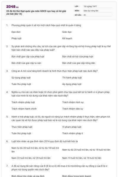 20 đề thi thử thpt quốc gia môn GDCD cực hay có lời giải chi tiết (Đề 14)