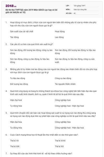 Đề thi thử THPTQG năm 2019 Môn GDCD cực hay có lời giải chi tiết(đề số 10)