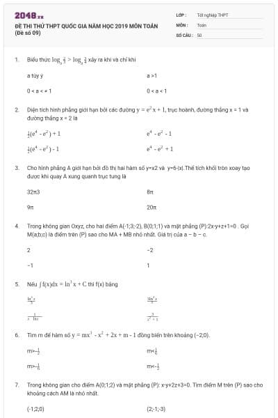 ĐỀ THI THỬ THPT QUỐC GIA NĂM HỌC 2019 MÔN TOÁN (Đề số 09)