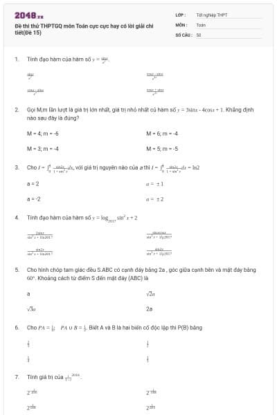 Đề thi thử THPTGQ môn Toán cực cực hay có lời giải chi tiết(Đề 15)