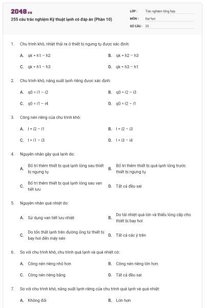 255 câu trắc nghiệm Kỹ thuật lạnh có đáp án (Phần 10)