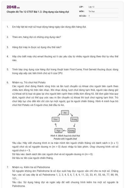 Chuyên đề Tin 12 CTST Bài 1.3. Ứng dụng của hàng đợi