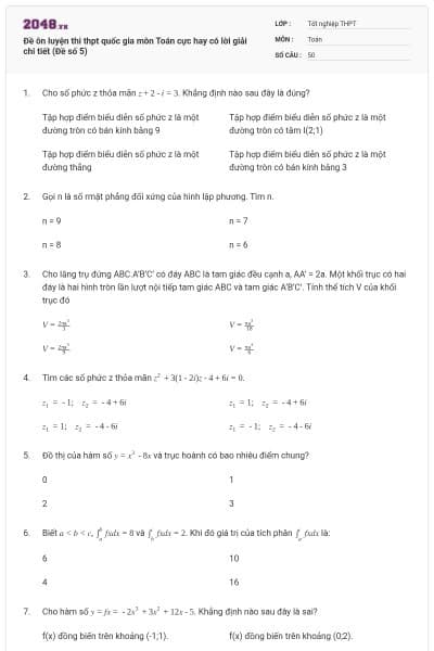 Đề ôn luyện thi thpt quốc gia môn Toán cực hay có lời giải chi tiết (Đề số 5)