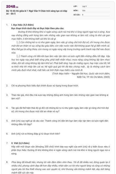 Bộ 10 đề thi giữa kì 1 Ngữ Văn 9 Chân trời sáng tạo có đáp án - Đề 5