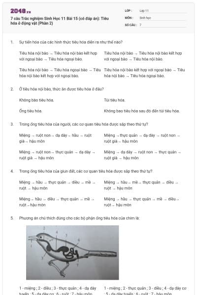 7 câu  Trắc nghiệm Sinh Học 11 Bài 15 (có đáp án): Tiêu hóa ở động vật (Phần 2)