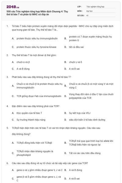 500 câu Trắc nghiệm tổng hợp Miễn dịch Chương 4: Thụ thể tế bào T và phân tử MHC có đáp án
