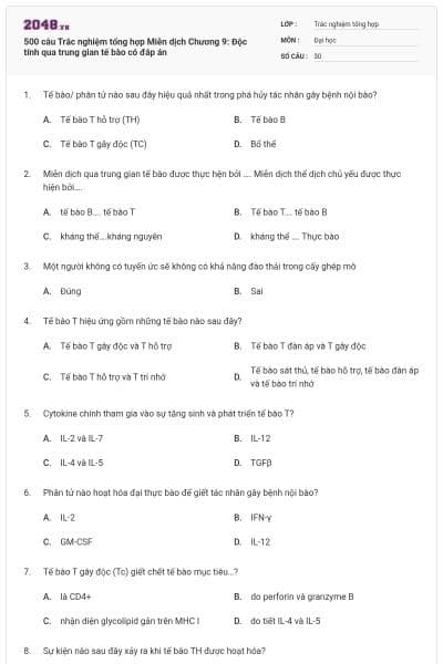 500 câu Trắc nghiệm tổng hợp Miễn dịch Chương 9: Độc tính qua trung gian tế bào có đáp án