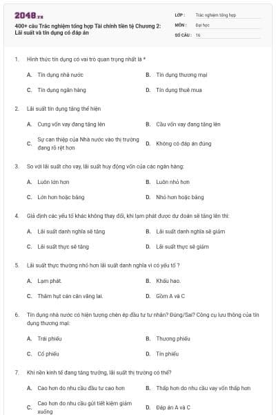400+ câu Trắc nghiệm tổng hợp Tài chính tiền tệ Chương 2: Lãi suất và tín dụng có đáp án